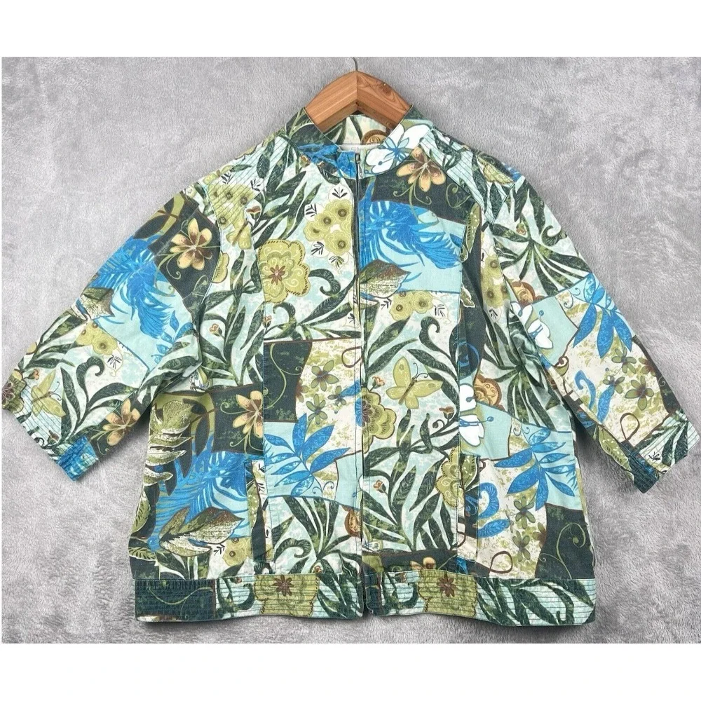 CJ Banks Full Zip Jacket Women's 2X‎ Blue Green Colorful Floral Festival VTG